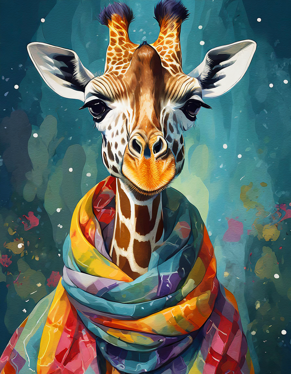 a picture of a giraffe with a colorful scarf